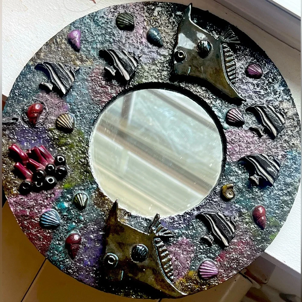 Studio Pottery One of a Kind “Under the Sea” by Float Pottery Mirror Round 10”